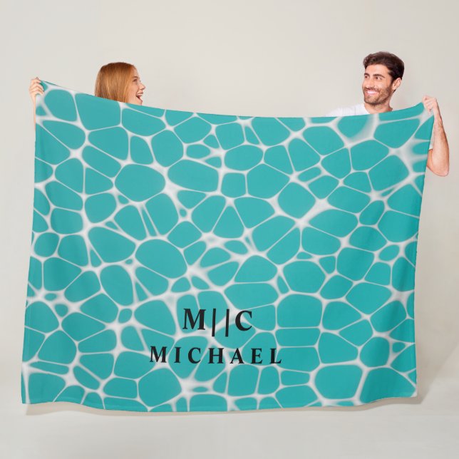 blue and white simple modern monogram fleece blanket (In Situ)