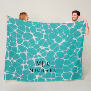 blue and white simple modern monogram personalised fleece blanket