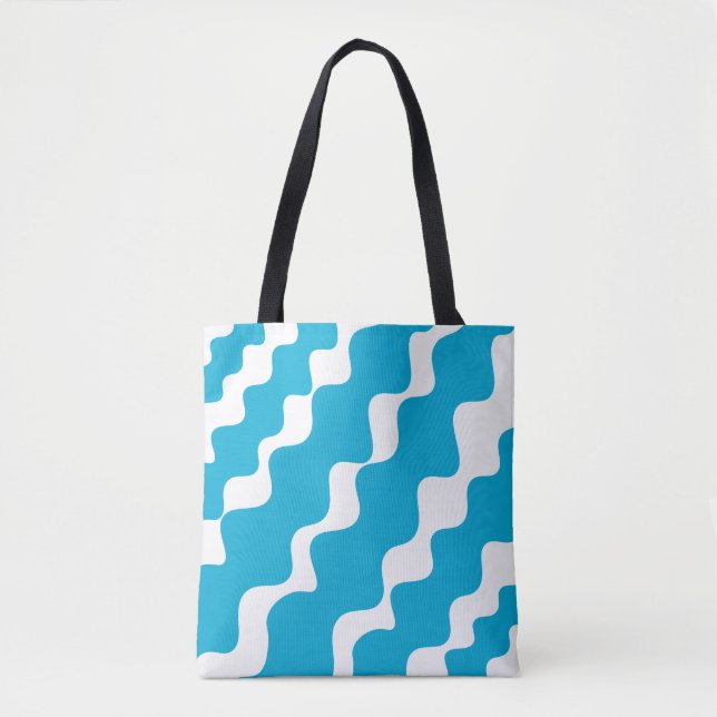 Blue and white slanting waves pattern  tote bag (Front)
