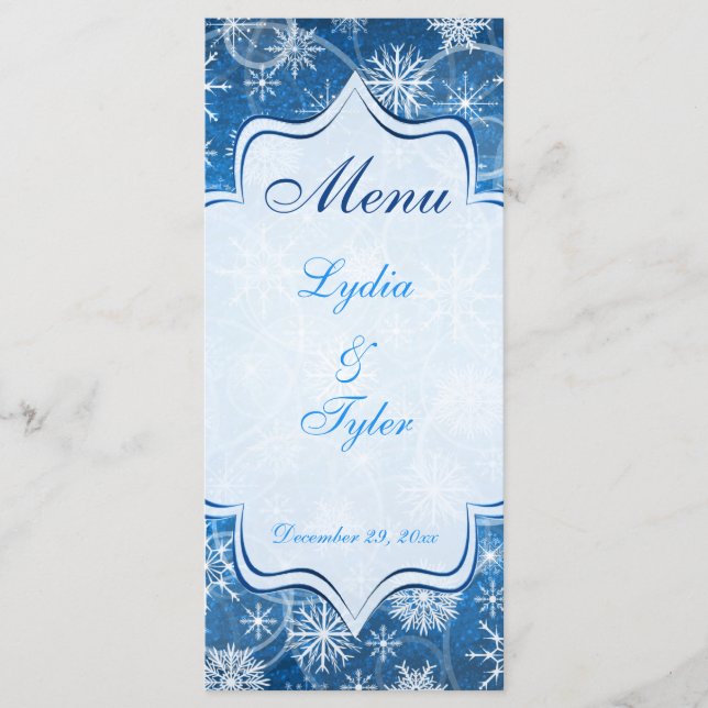 Blue and White Snow Flakes Wedding Menu Card (Front)