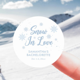 Blue and White Snow in love Winter Bachelorette  Classic Round Sticker