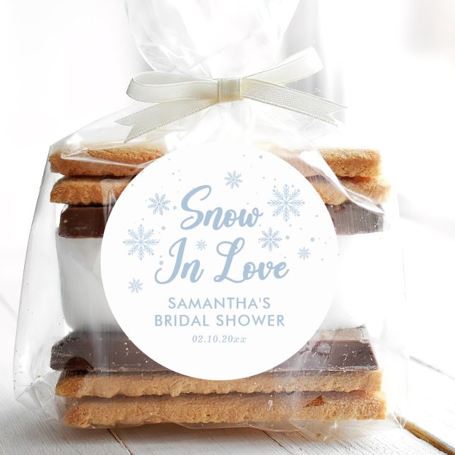 Blue and White Snow in love Winter Bridal Shower Classic Round Sticker (Creator Uploaded)