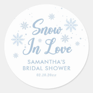 Blue and White Snow in love Winter Bridal Shower Classic Round Sticker