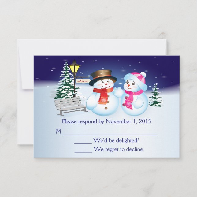 Blue And White Snow Wedding RSVP Card (Front)