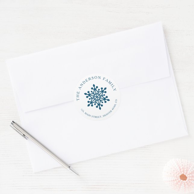 Blue and white snowflake Christmas address sticker (Envelope)