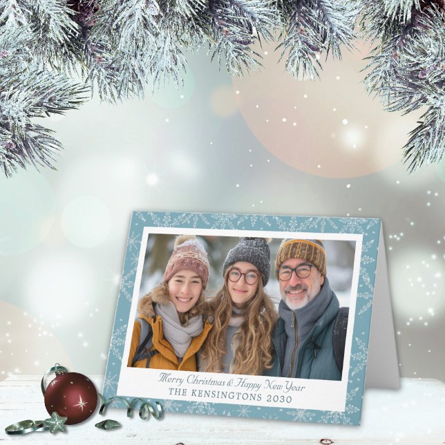 Blue and White Snowflake Folded Holiday Photo Card (Creator Uploaded)