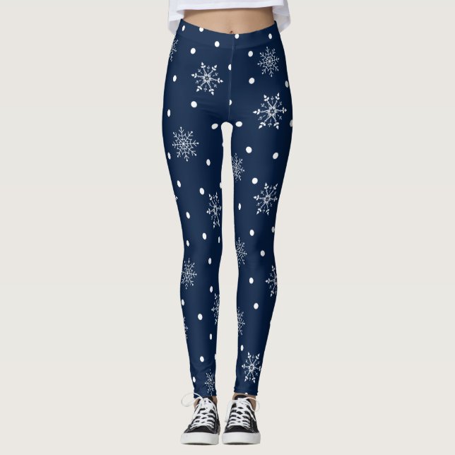 Blue and White Snowflake Pattern Leggings (Front)