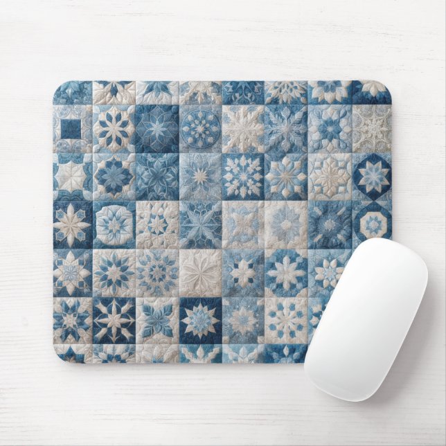 Blue and White Snowflake Quilt Mouse Pad (With Mouse)