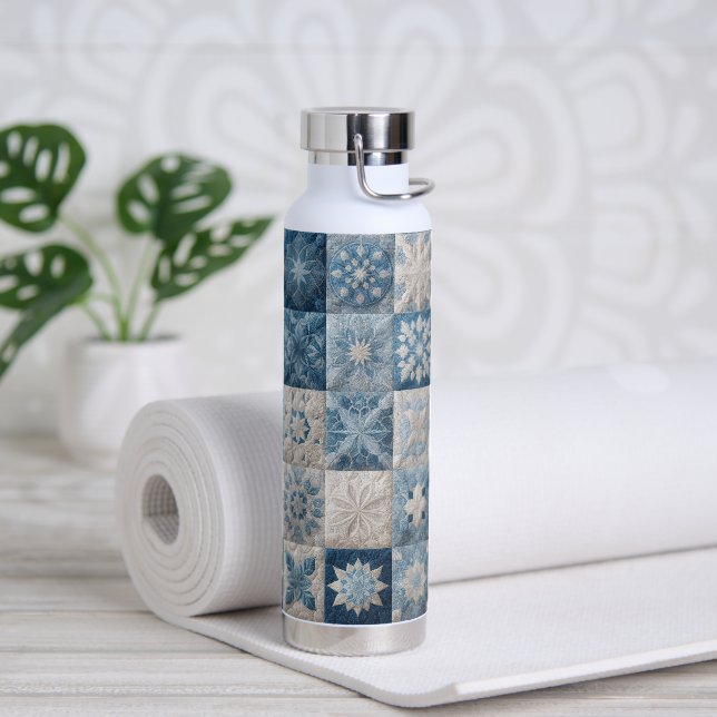 Blue and White Snowflake Quilt Water Bottle (Yoga)