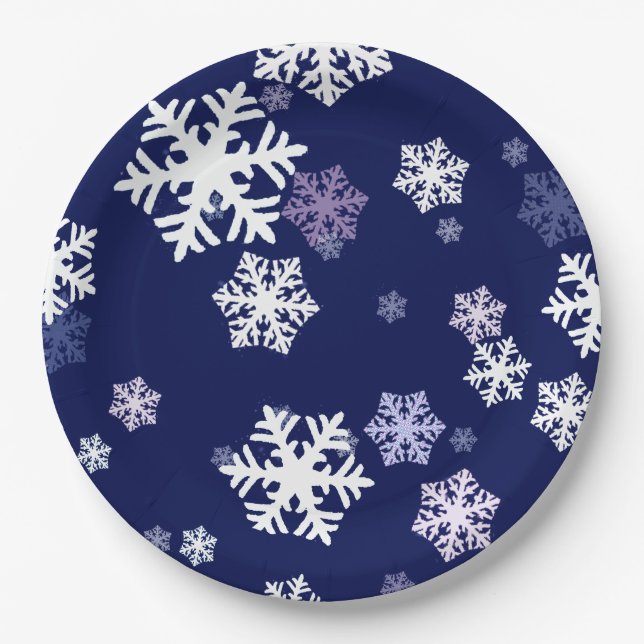 Blue and White Snowflakes On Dark Blue Ground Paper Plate (Front)