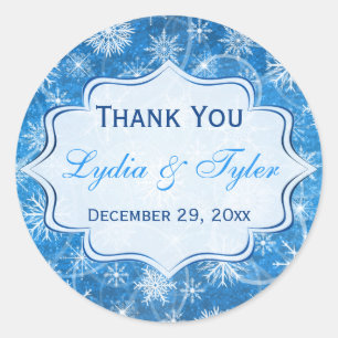 Blue and White Snowflakes Wedding Favour Sticker