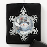 Blue and White Snowman Face Snowflake Pewter Christmas Ornament<br><div class="desc">A blue and white snowman face wearing a black tophat and sporting a carrot nose</div>