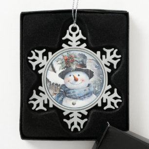 Blue and White Snowman Face Snowflake Pewter Christmas Ornament