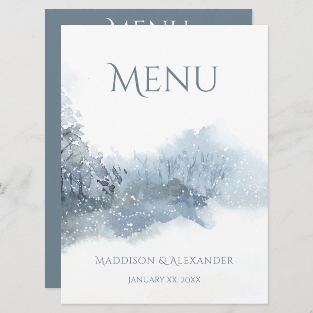 Blue and White Soft Watercolor Wedding Menu (Front/Back)