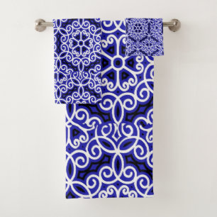 Blue and White Spanish Tile Pattern Bath Towel Set