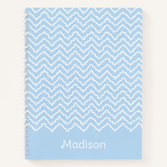 Blue And White Squiggly Chevron Zigzag With Name Notebook (Front)