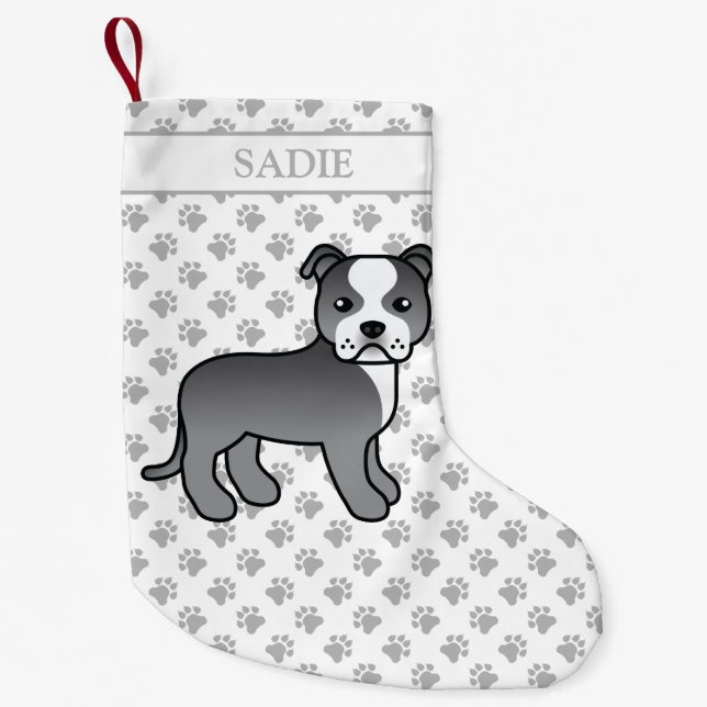 Blue And White Staffie Cute Cartoon Dog & Name Small Christmas Stocking (Front)
