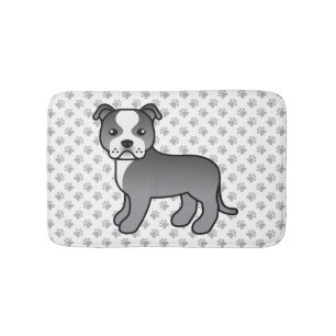 Blue And White Staffie Cute Cartoon Dog & Paws Bath Mat