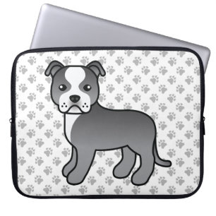 Blue And White Staffie Cute Cartoon Dog & Paws Laptop Sleeve