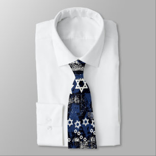 Blue And White Star Of David Pattern Tie