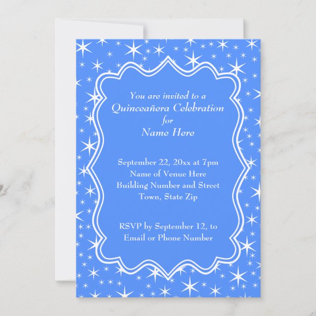 Blue and White Star Pattern Quinceanera Invitation (Front)