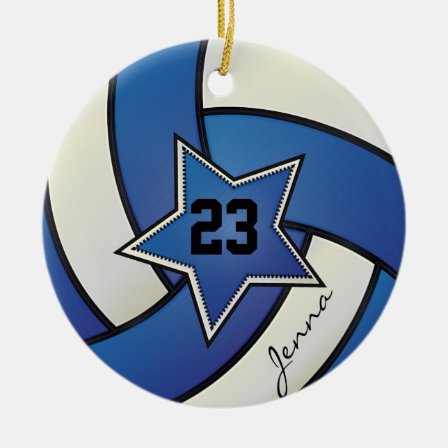 Blue and White Star Volleyball Ceramic Tree Decoration (Front)