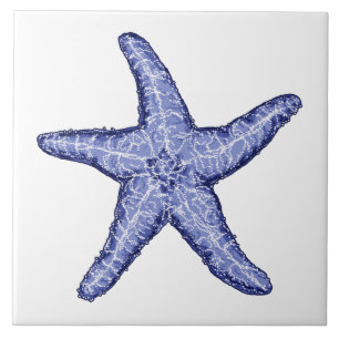 Blue and white starfish ceramic tile