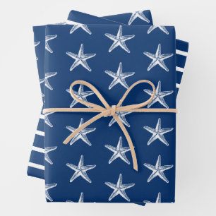 Blue and White Starfish Nautical Stripe Wrapping Paper Sheet