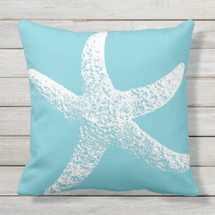 Blue and White Starfish Outdoor Throw Pillow