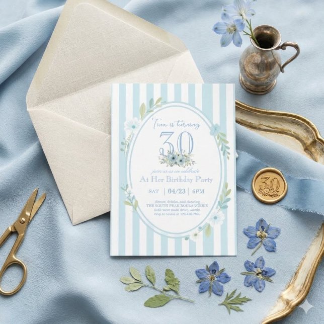 Blue and White Stripe 30th Birthday Invitation (Creator Uploaded)