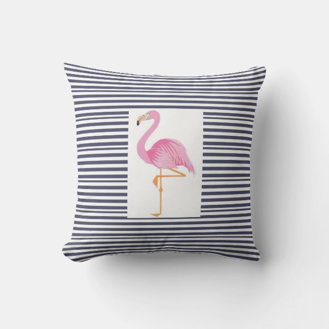 Blue and white stripe flamingo pillow (Front)