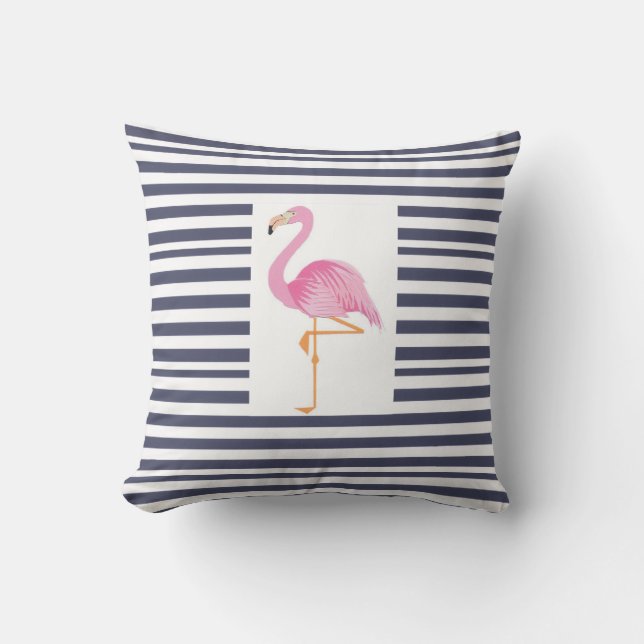 Blue and white stripe flamingo pillow (Front)