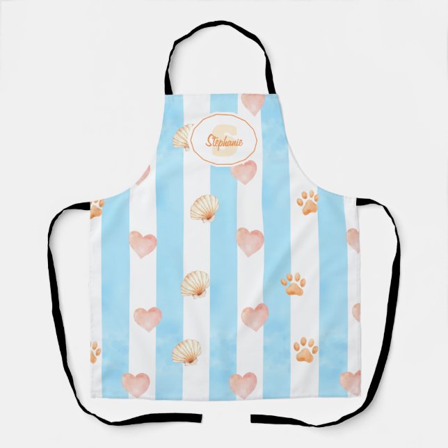 Blue and White Stripe - Hearts,, Paw Print, Shell Apron (Front)
