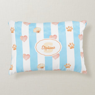 Blue and White Stripe - Hearts,, Paw Print, Shell Decorative Cushion