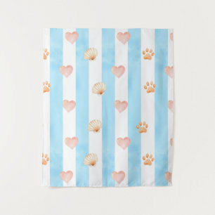 Blue and White Stripe - Hearts,, Paw Print, Shell Tapestry