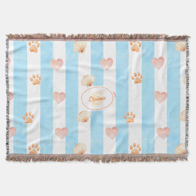Blue and White Stripe - Hearts,, Paw Print, Shell Throw Blanket (Front)