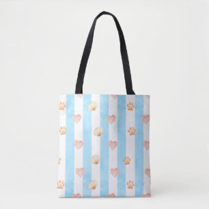 Blue and White Stripe - Hearts,, Paw Print, Shell Tote Bag