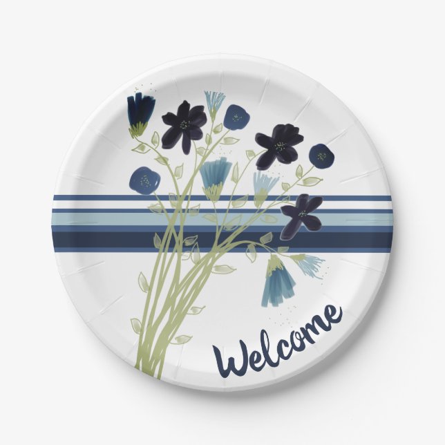 Blue and White Stripe Paper Plate (Front)
