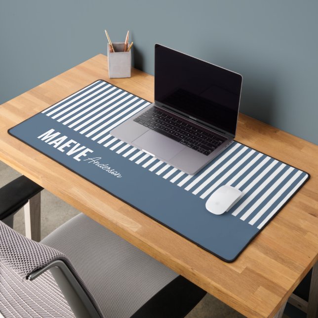 Blue and white stripe personalised modern elegant desk mat (Office 2)