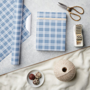 Blue and White Stripe Plaid Wrapping Paper