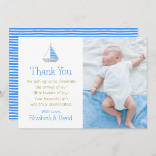 Blue and White Stripe Sailboat Baby Shower Thank You Card