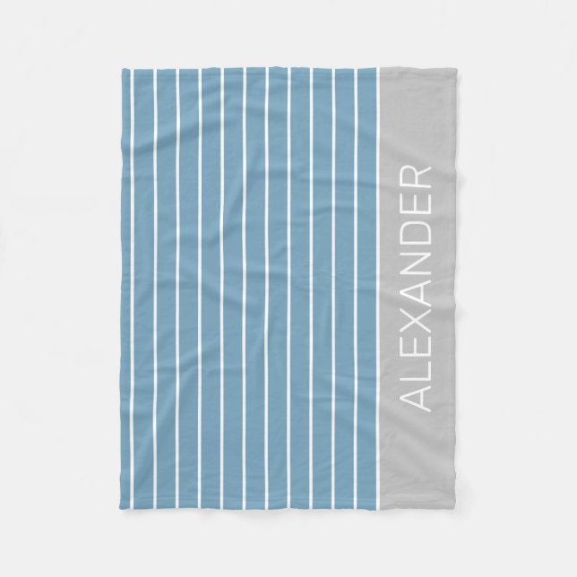 Blue and White Stripe With Grey Personalised Fleece Blanket (Front)