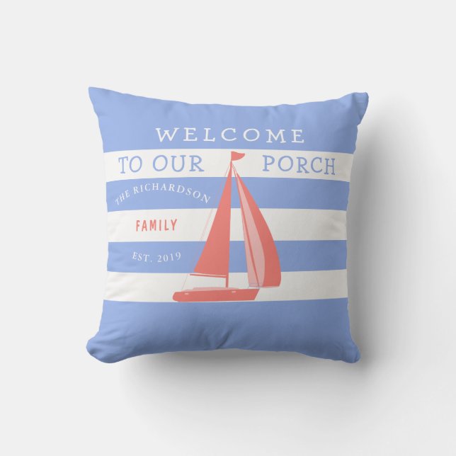 Blue and White Striped Coral Sailboat Nautical Cushion (Front)