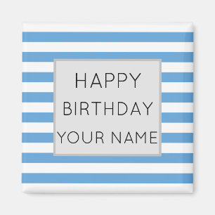 Blue And White Striped Happy Birthday Ceramic Tile Magnet