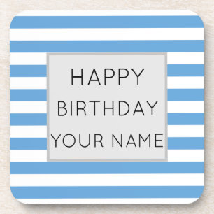Blue And White Striped Happy Birthday Coaster