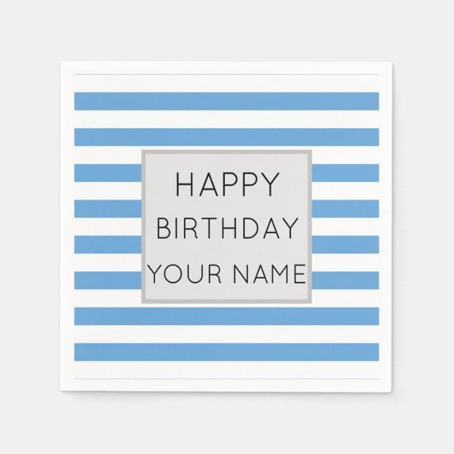 Blue And White Striped Happy Birthday Napkin (Front)