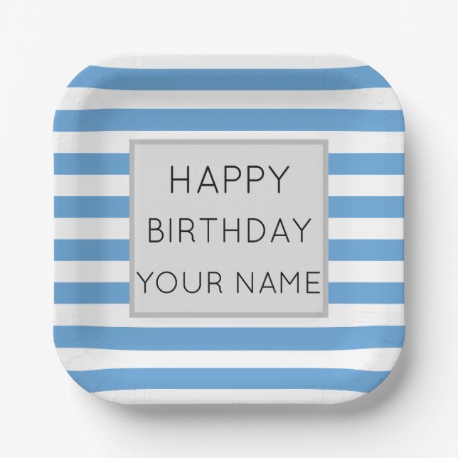 Blue And White Striped Happy Birthday Paper Plate (Front)