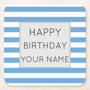 Blue And White Striped Happy Birthday Square Paper Coaster