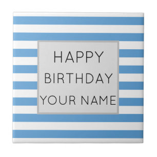 Blue And White Striped Happy Birthday Tile