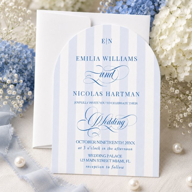 Blue and White Striped Monogram Wedding Invitation (Creator Uploaded)
